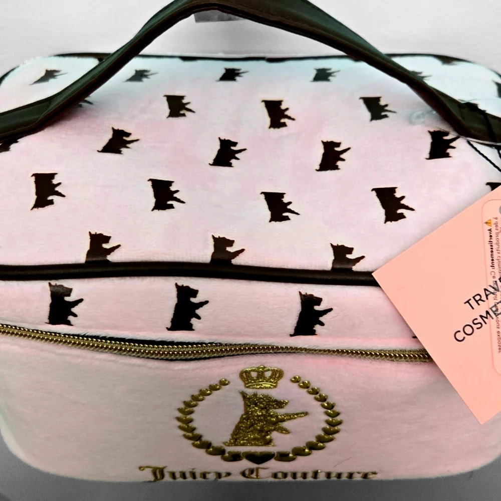 Juicy Couture Makeup Bag Cosmetic Case Scottie Dogs Pink Gold Foil Logo Charms
